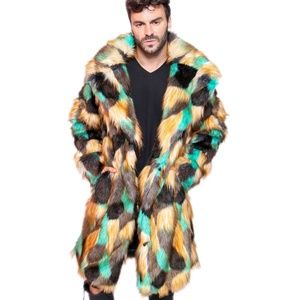 FURROCIOUS FURR Men's Patchwork Faux Fur Short Coat for Festivals, Burning Man